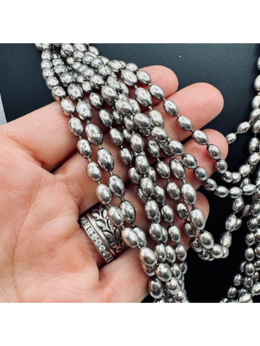 Vintage Multi-Strand Metal Bead Necklace Statement Black and Silver Leather 36" - Picture 3 of 9